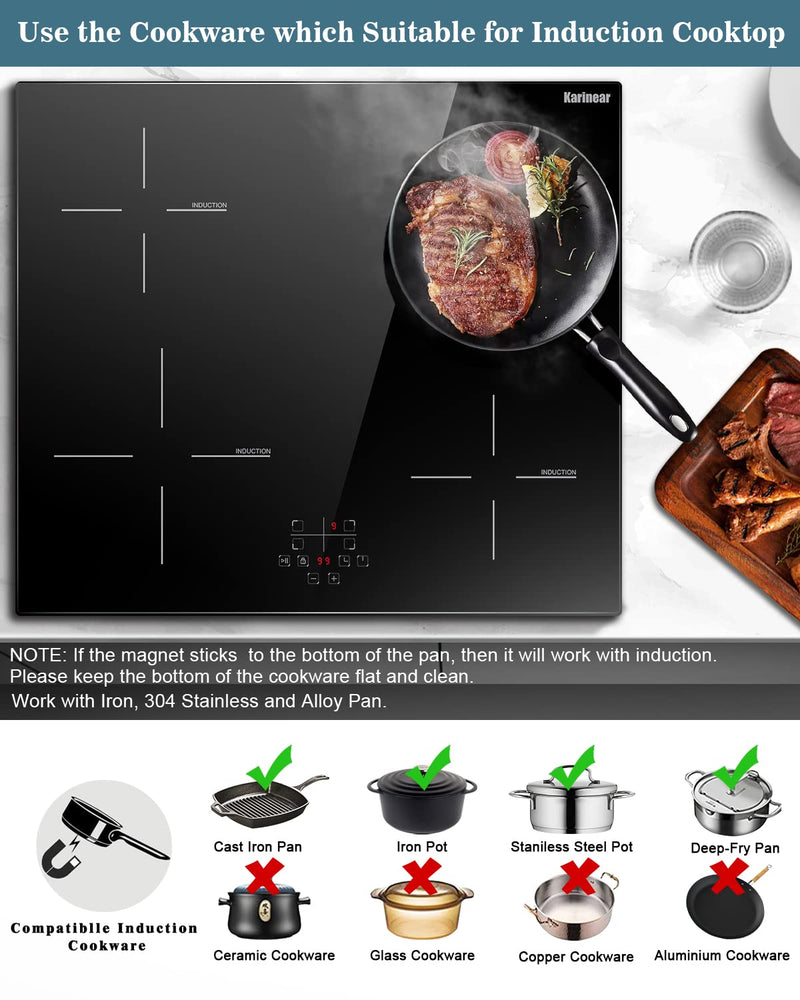 Karinear 60cm Induction Hob, 4 Zones, Touch Control, Black Glass