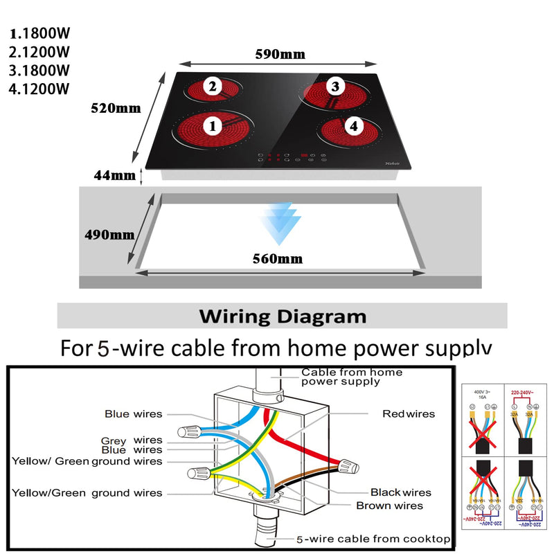 Hobsir 60cm Ceramic Electric Hob - Touch Control, 4 Zones, 6000W