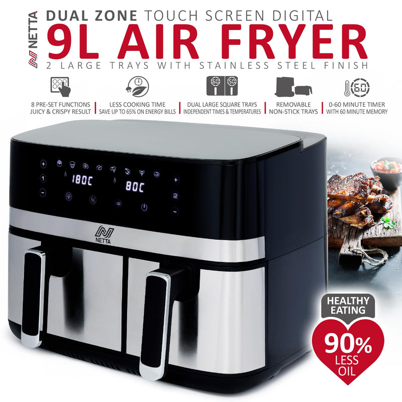 NETTA 8L Dual Basket Air Fryer Digital Smart Programmes, XL Size Black