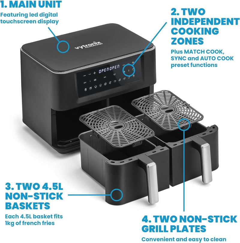 Vytronix DD9L Dual Zone Air Fryer: 9L, 2400W, 11 Pre-sets