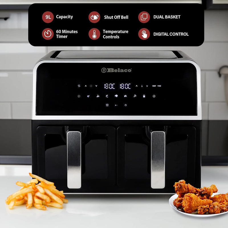 Belaco 9L Dual Zone Air Fryer, Digital Display, Dishwasher Safe