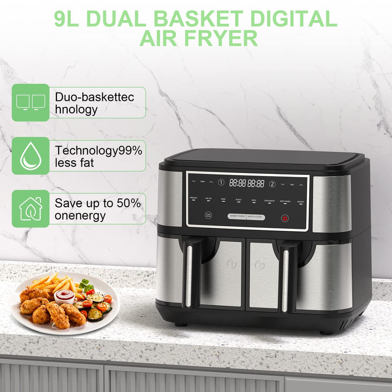 EUARY 9L Large Dual Basket Air Fryer - 8-In-1 Compact Oven