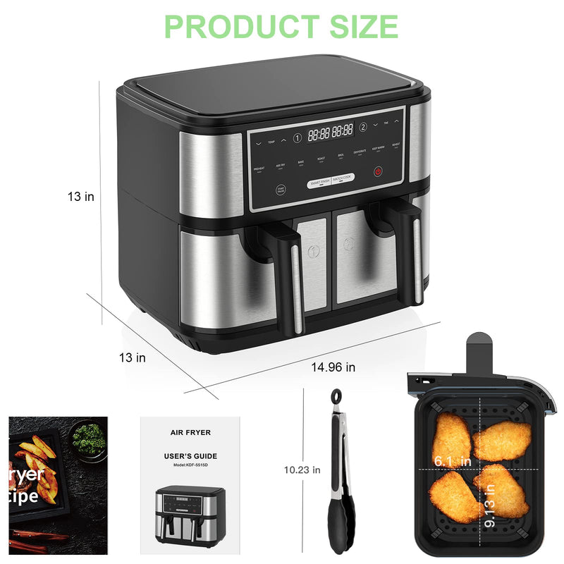 EUARY 9L Large Dual Basket Air Fryer - 8-In-1 Compact Oven