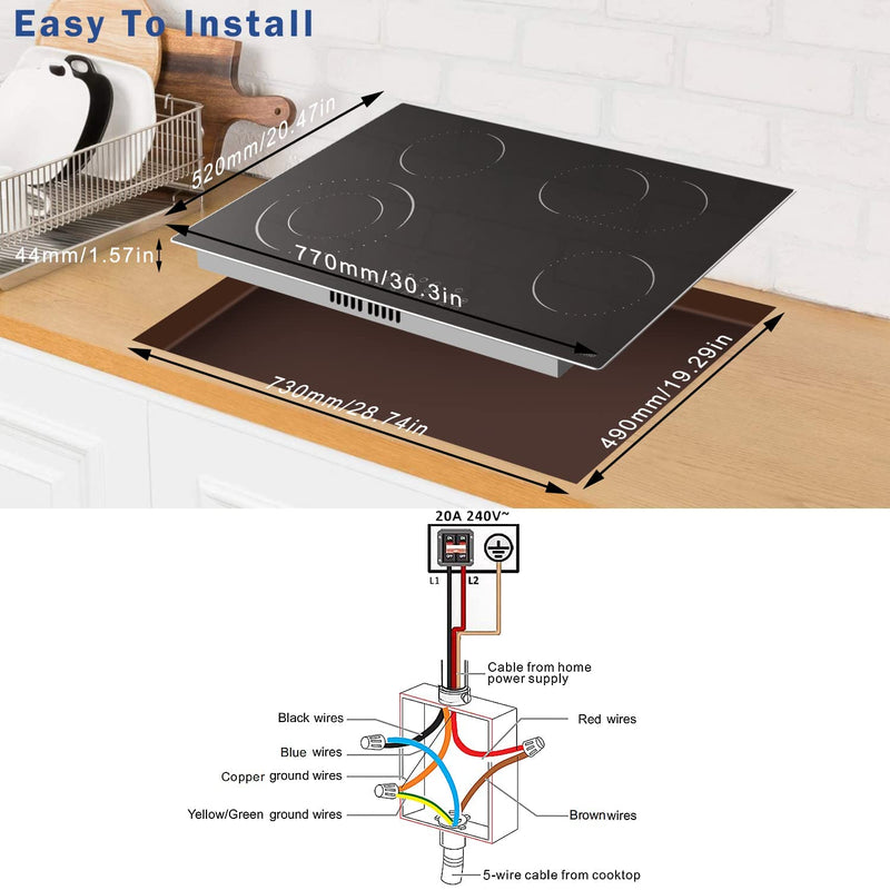 Hobsir 60cm Ceramic Electric Hob - Touch Control, 4 Zones, 6000W