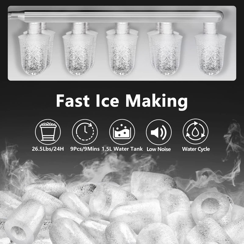 KUMIO Ice Maker Countertop, 12kg/24h, 9 Bullet Ice, Portable, Black