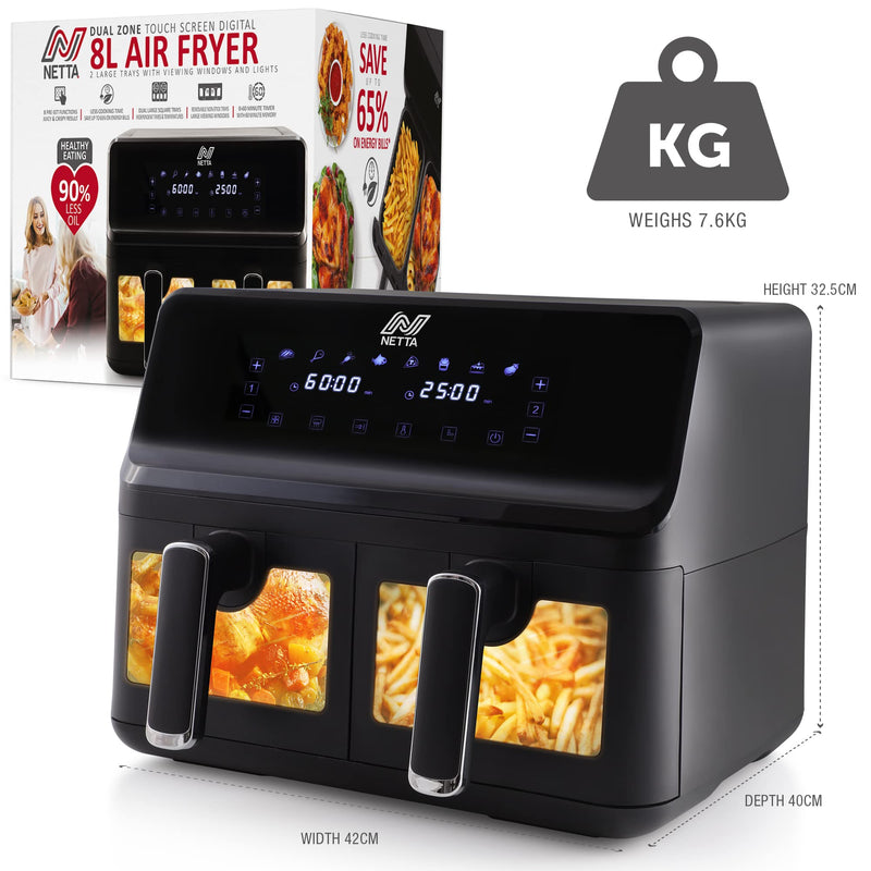 NETTA 8L Dual Basket Air Fryer Digital Smart Programmes, XL Size Black