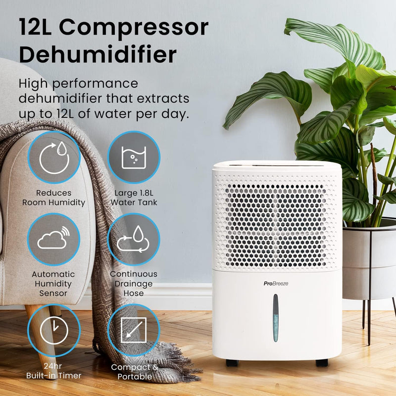 Pro Breeze 12L Dehumidifier: Digital Display, Sleep Mode, Timer