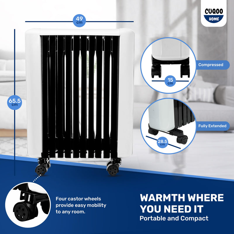 CUQOO 2500W Oil Filled Radiator | Remote Control, 3 Heat Settings