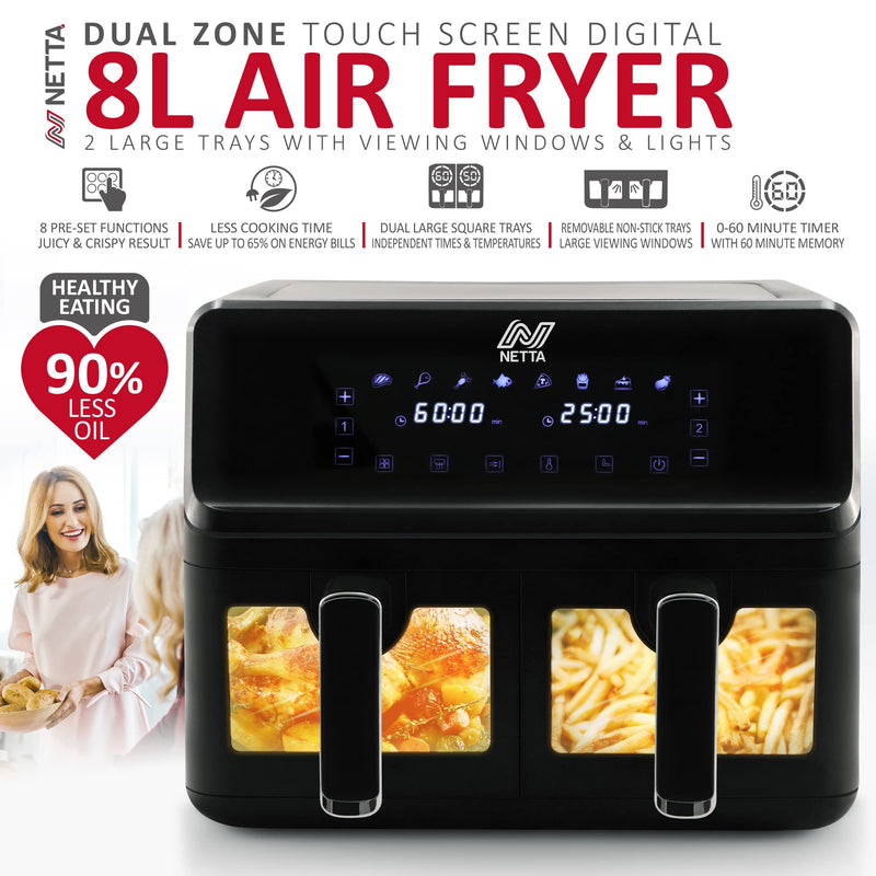 NETTA 8L Dual Basket Air Fryer Digital Smart Programmes, XL Size Black