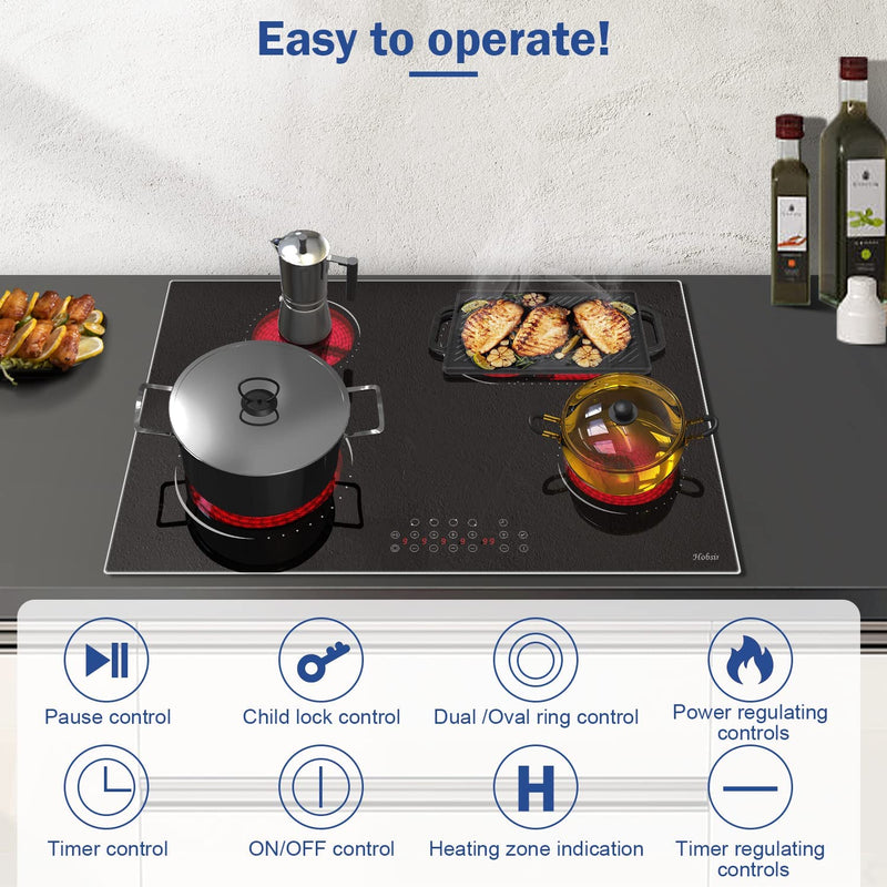 Hobsir 60cm Ceramic Electric Hob - Touch Control, 4 Zones, 6000W