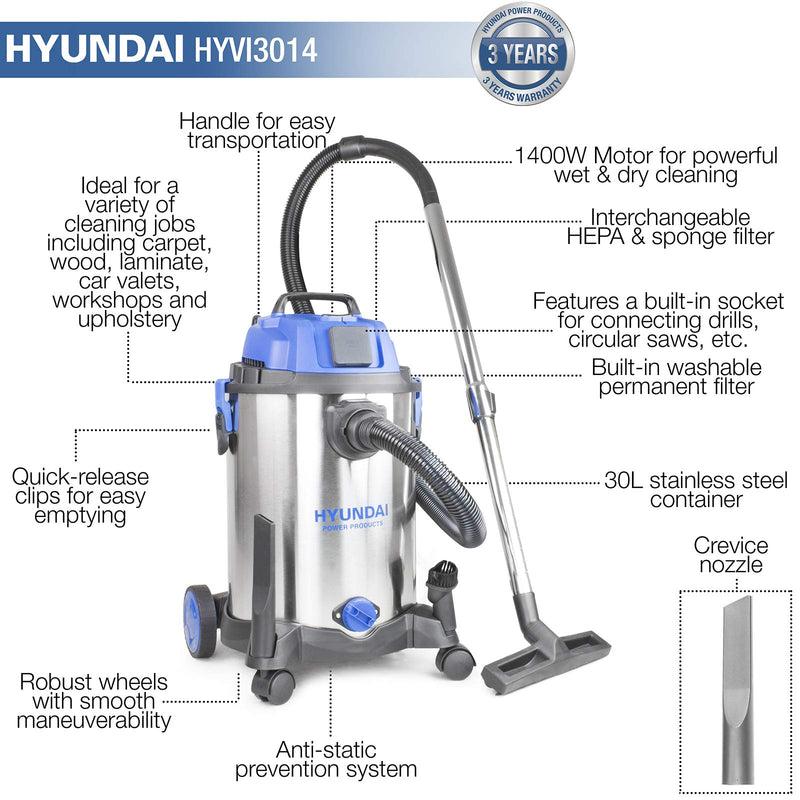 Hyundai 3000W Wet and Dry Vacuum: 100L Capacity, 5m Cable